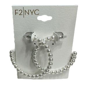 F2|NYC Small Pearl Silver Tone Open C Hoop Earrings NWT